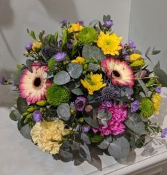 Pink, Yellow, Purple & Green Posy Dish Arrangement